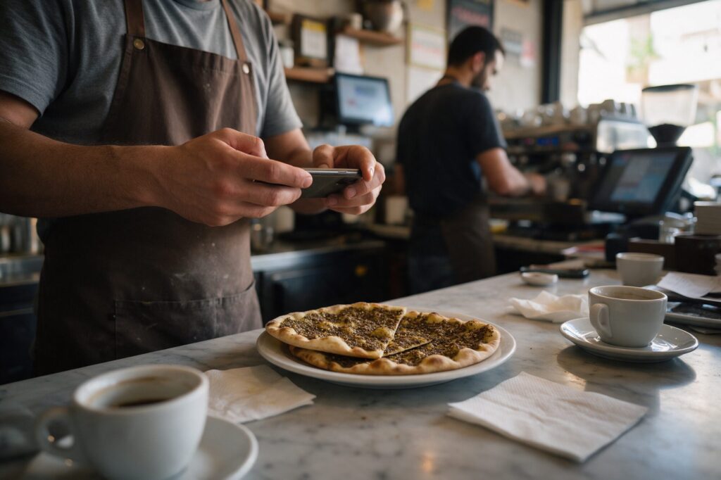 Café owner in Jounieh photographing a plate of manakish with his phone for Instagram
