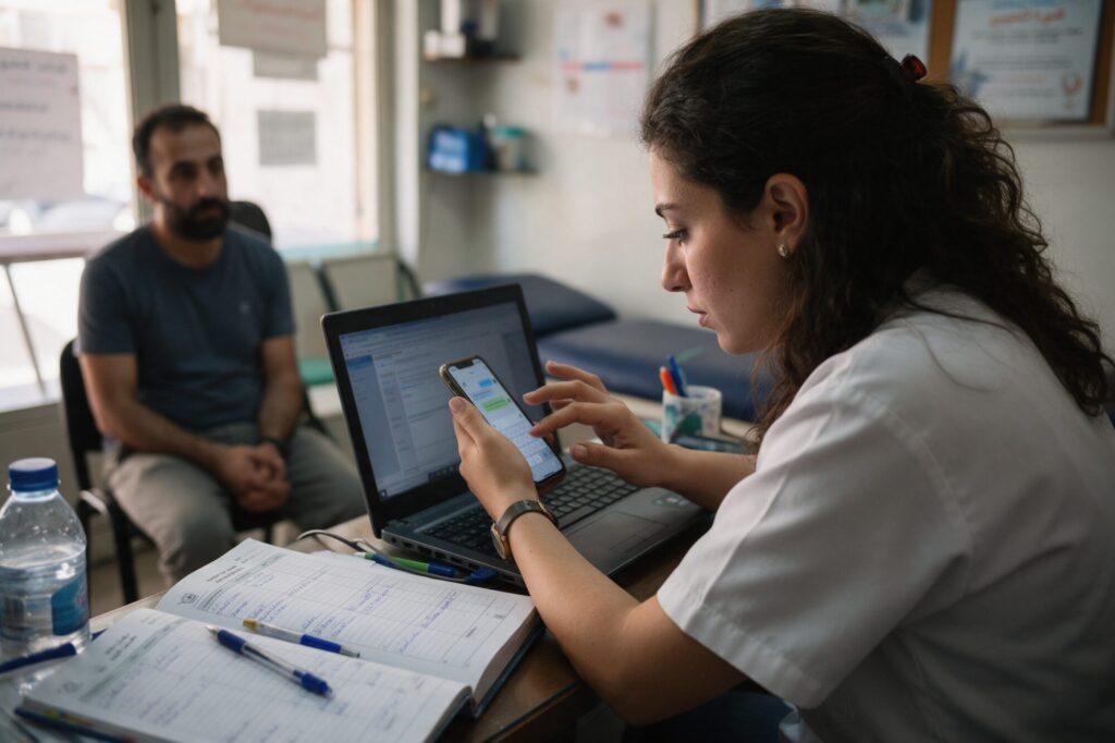 Clinic receptionist in Tripoli answering a customer enquiry on her phone beside a laptop