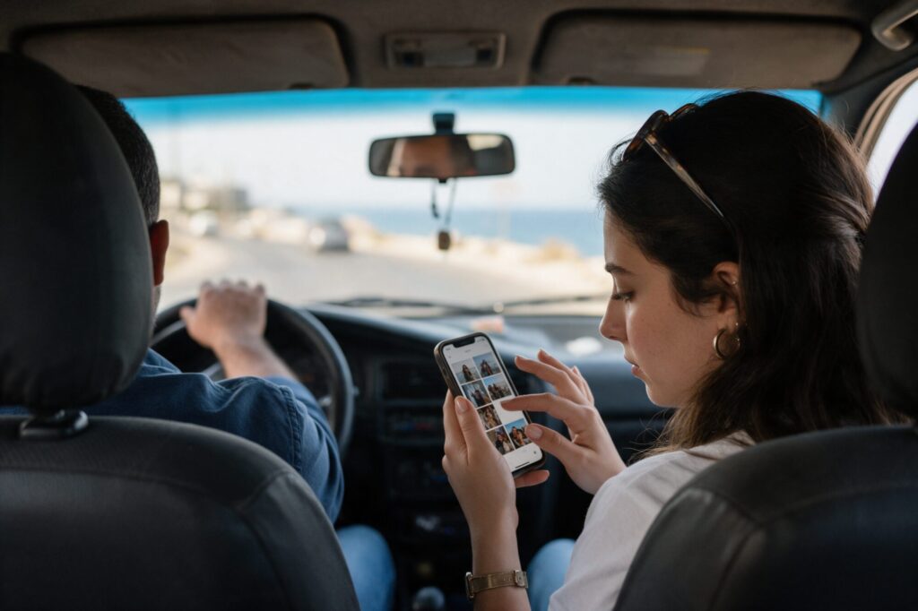 Passenger in a Lebanese shared taxi scrolling social media on her phone