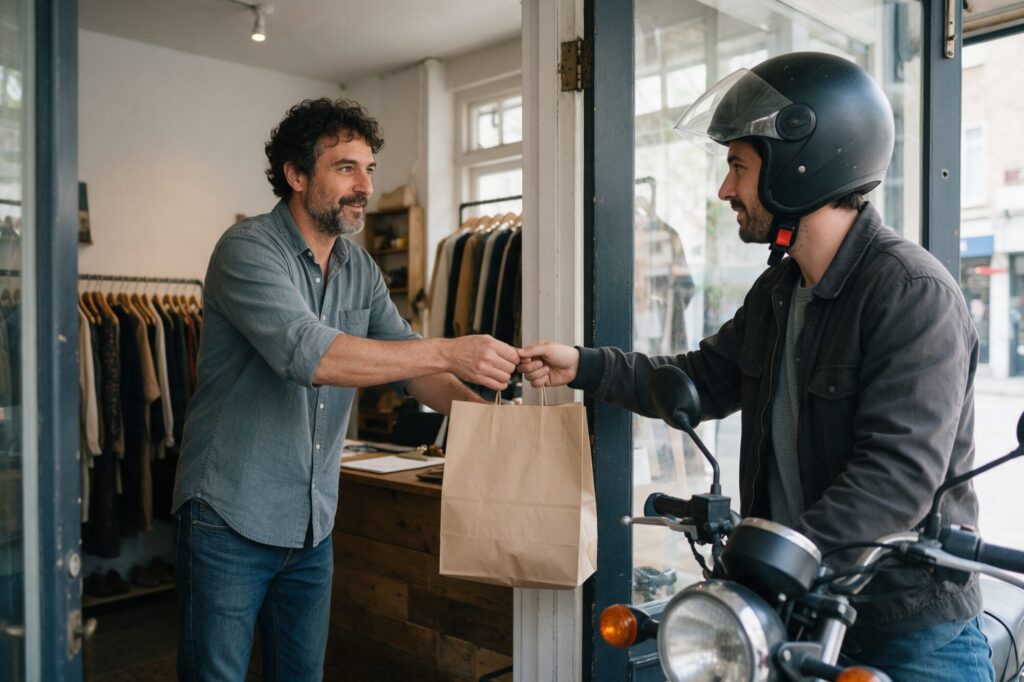 Boutique owner handing a packed order to a delivery rider at the shop door