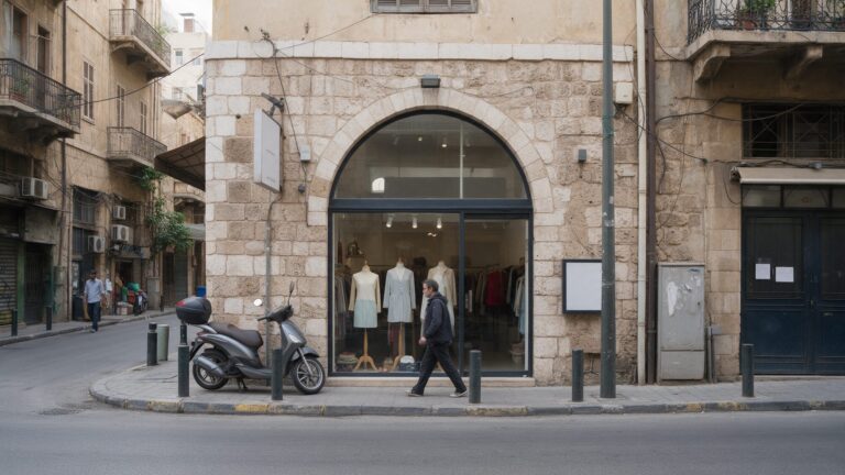 Small clothing boutique storefront on a Beirut street during the day