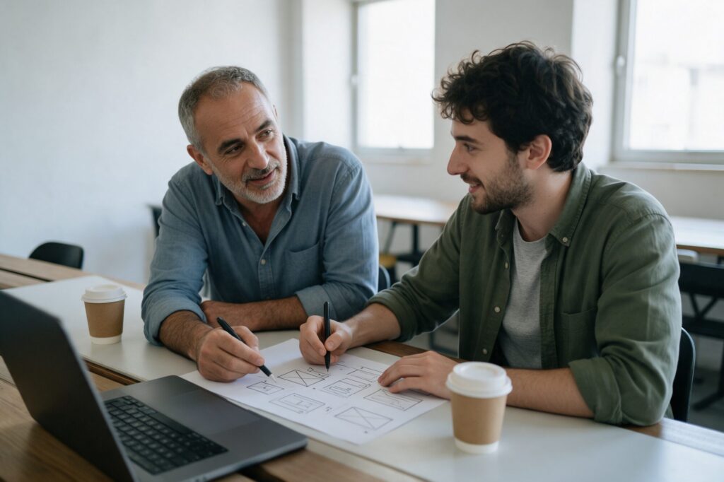 Small business owner and a web designer planning pages on paper at a co-working table