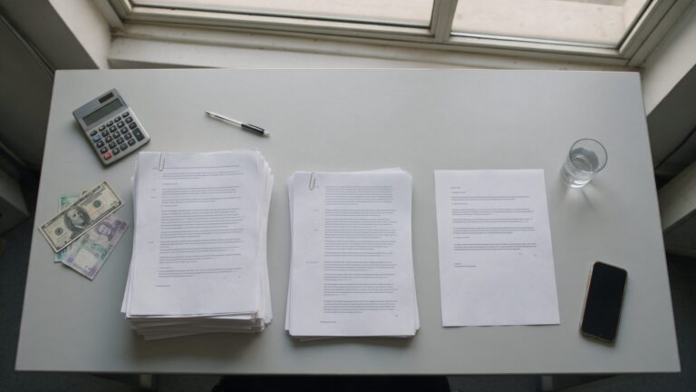 Three printed website quotes, a calculator and dollar and lira notes on an office desk