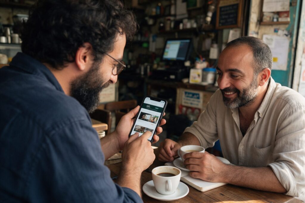 Café owner and a friend reviewing his website on a phone at a café table