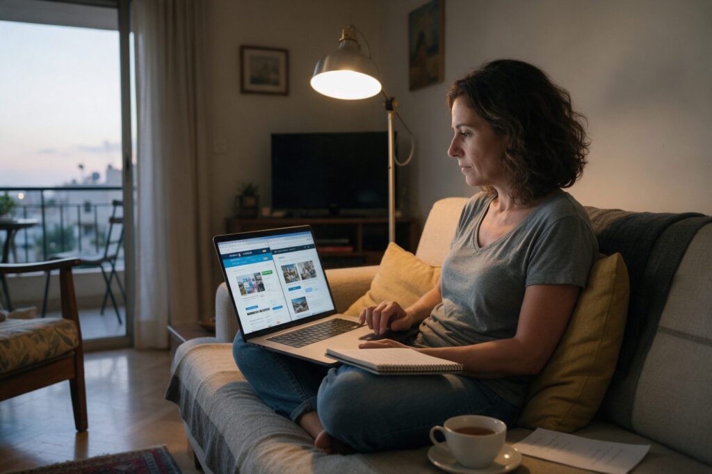 Woman at home on the sofa comparing two businesses on her laptop