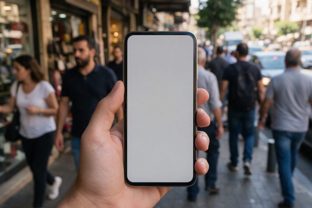 Hand holding a phone with a slow-loading page on a busy Beirut street