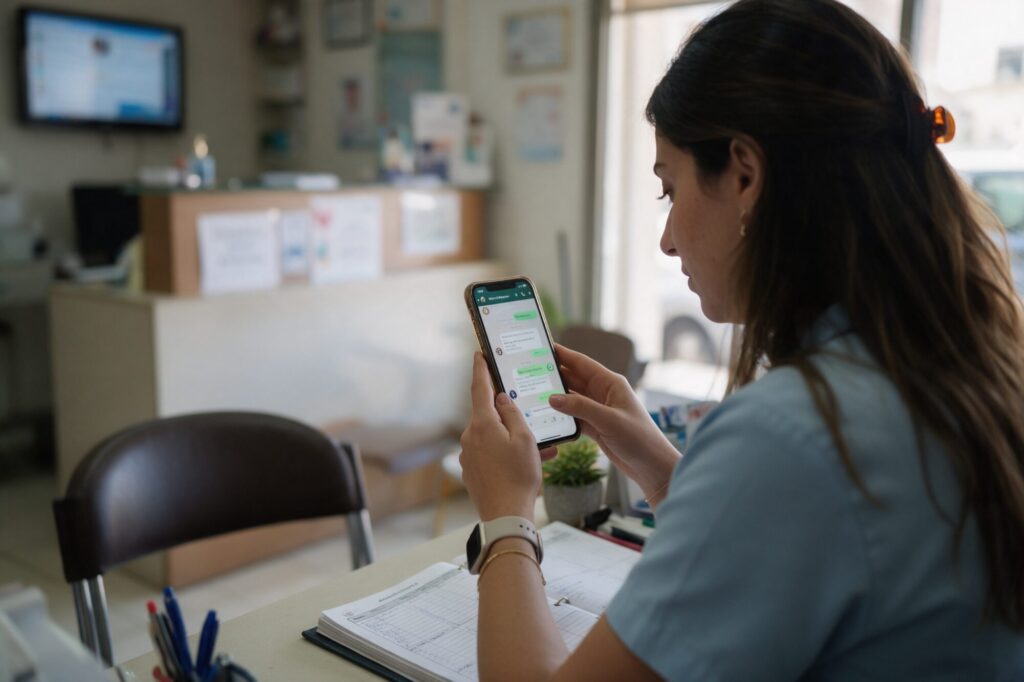 Clinic receptionist in Jounieh answering a customer question on her phone