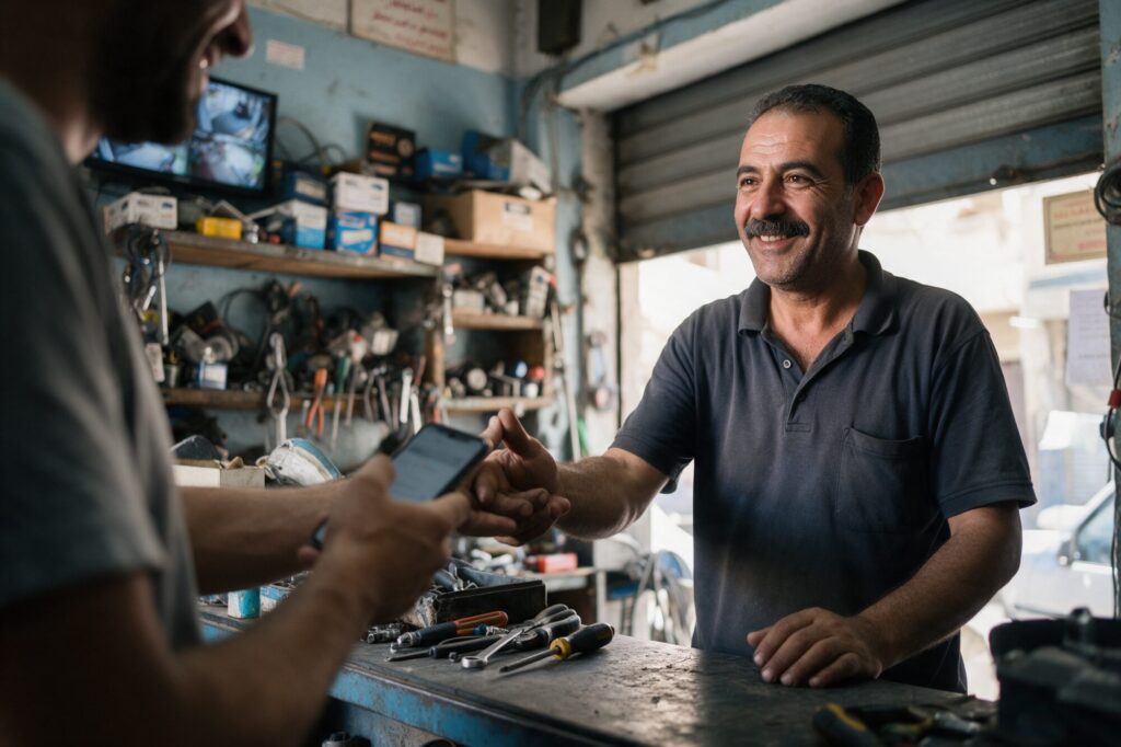Workshop owner in Tripoli thanking a customer at the counter