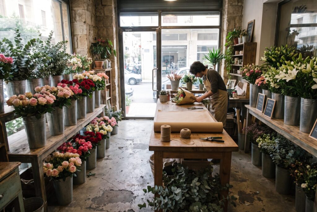 Inside a small flower shop in Achrafieh with buckets of fresh flowers