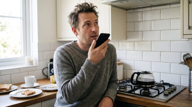 Man in his kitchen asking his phone's voice assistant for a recommendation