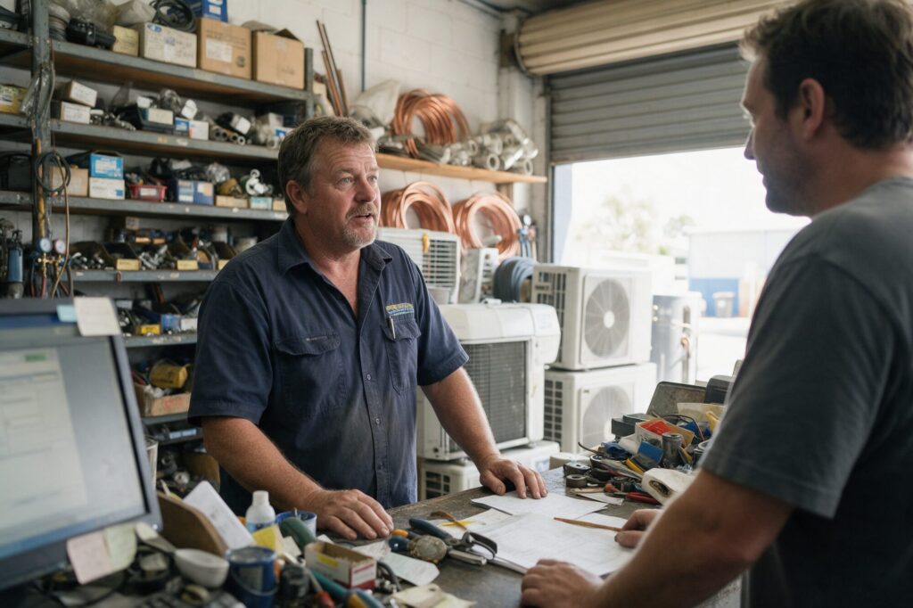 Air-conditioning repair technician talking with a customer at his workshop counter