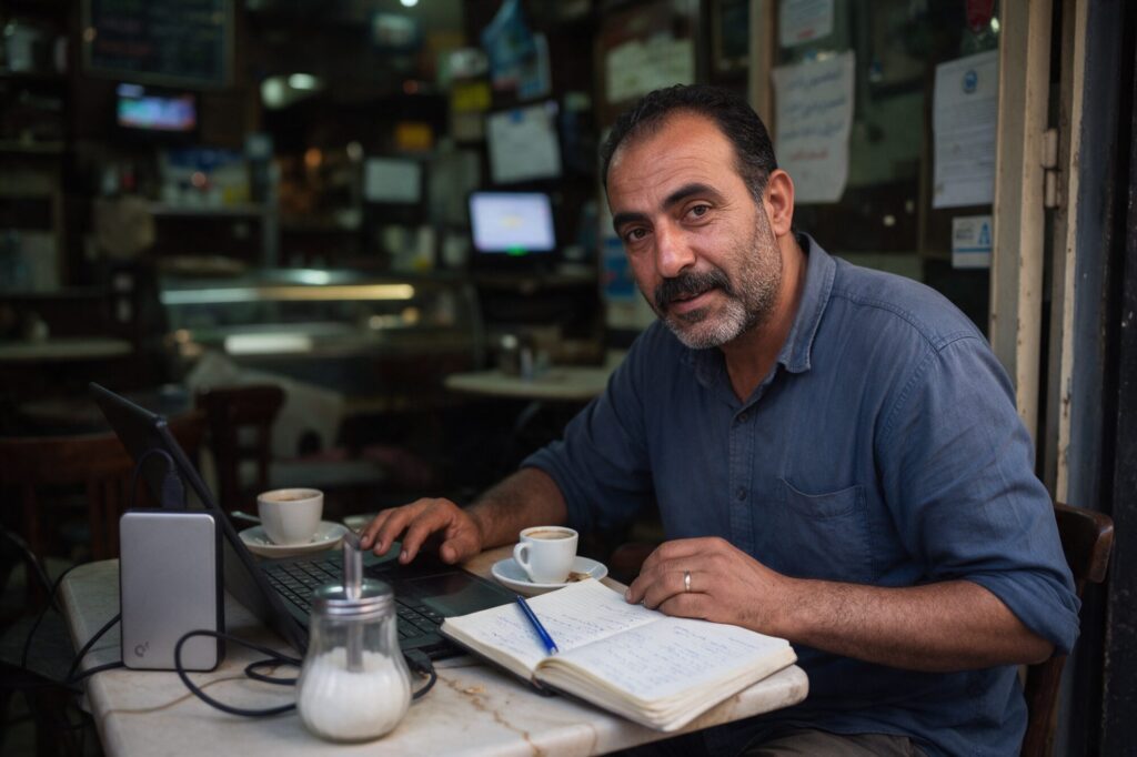 Café owner in Tripoli backing up his business files after closing
