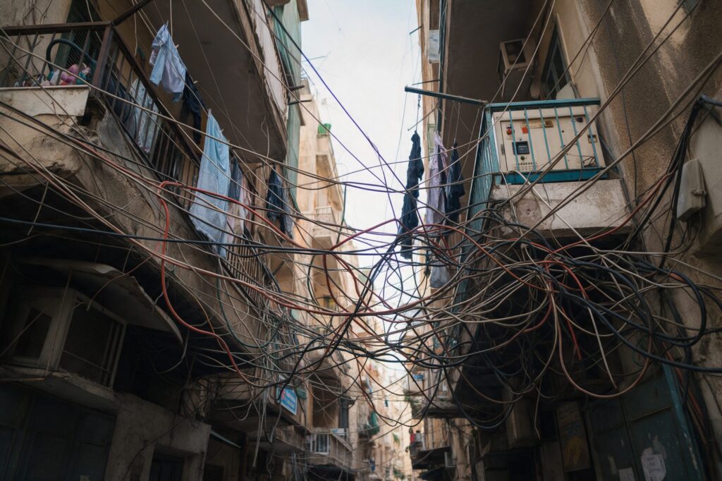 Tangled generator and power cables above a Beirut street