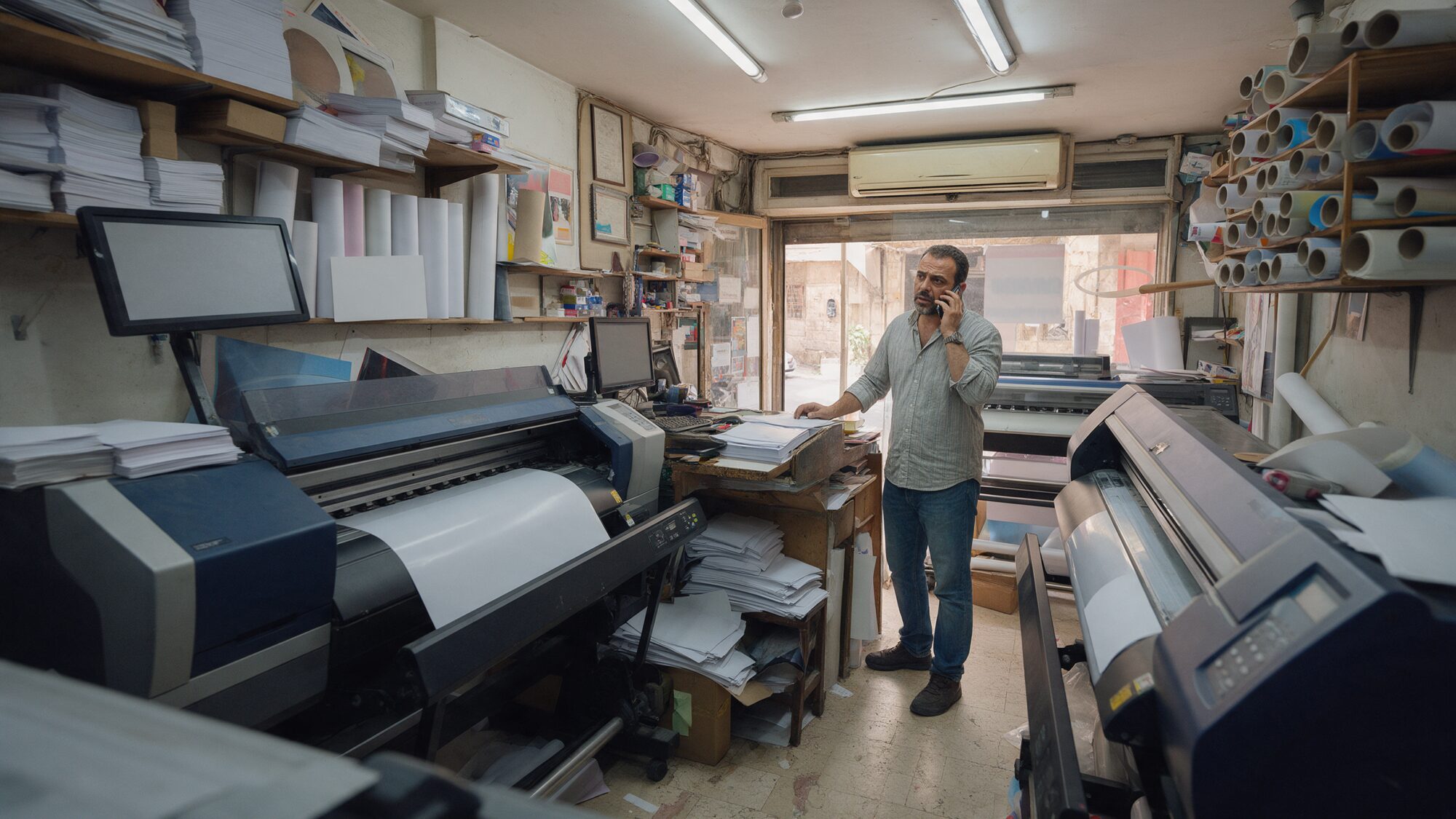 Print shop owner on the phone in his shop full of large printers