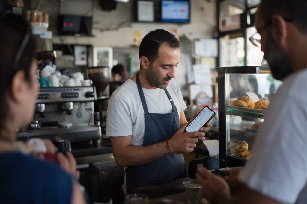 Café owner in Jounieh checking a long message thread on a phone behind the counter