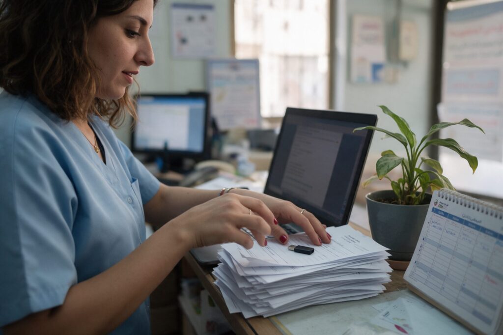 Clinic receptionist gathering papers and files on the desk, ready for a website project