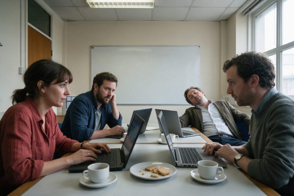 Four people in a long meeting around a table with laptops and coffee cups