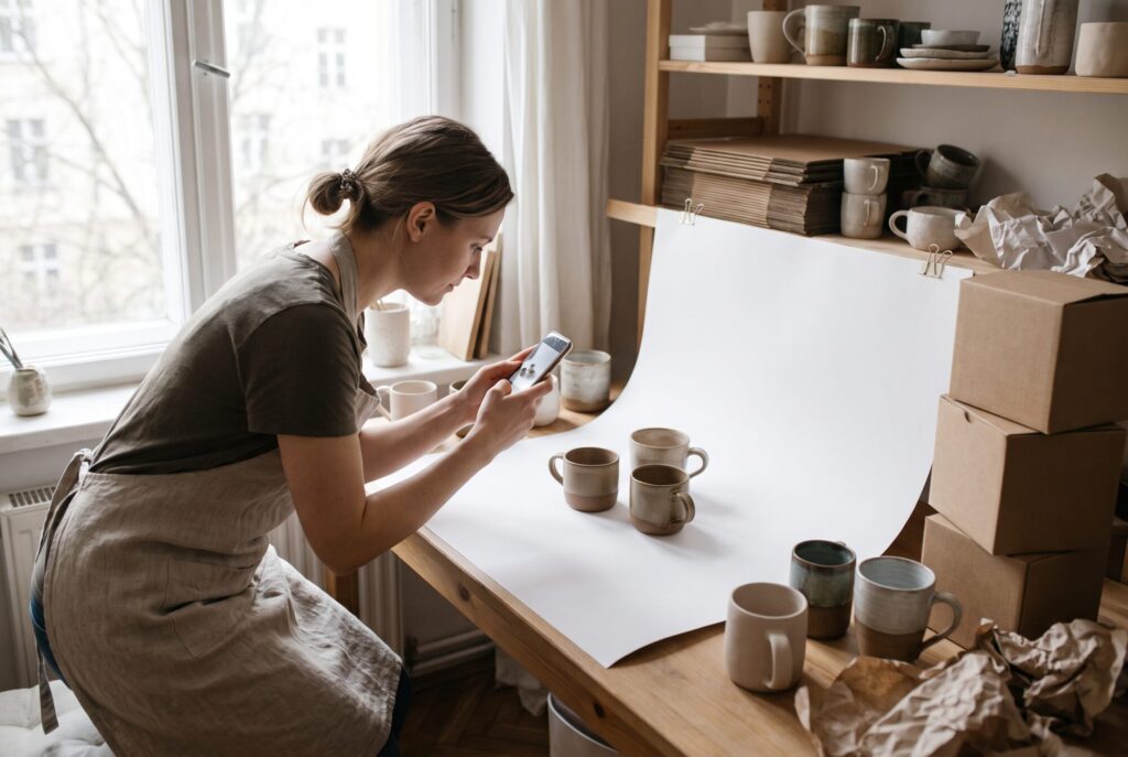 Small business owner photographing her handmade products on a table for her website