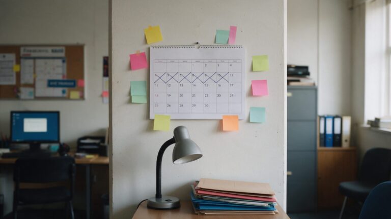 Paper wall calendar with weeks crossed out above a desk with sticky notes