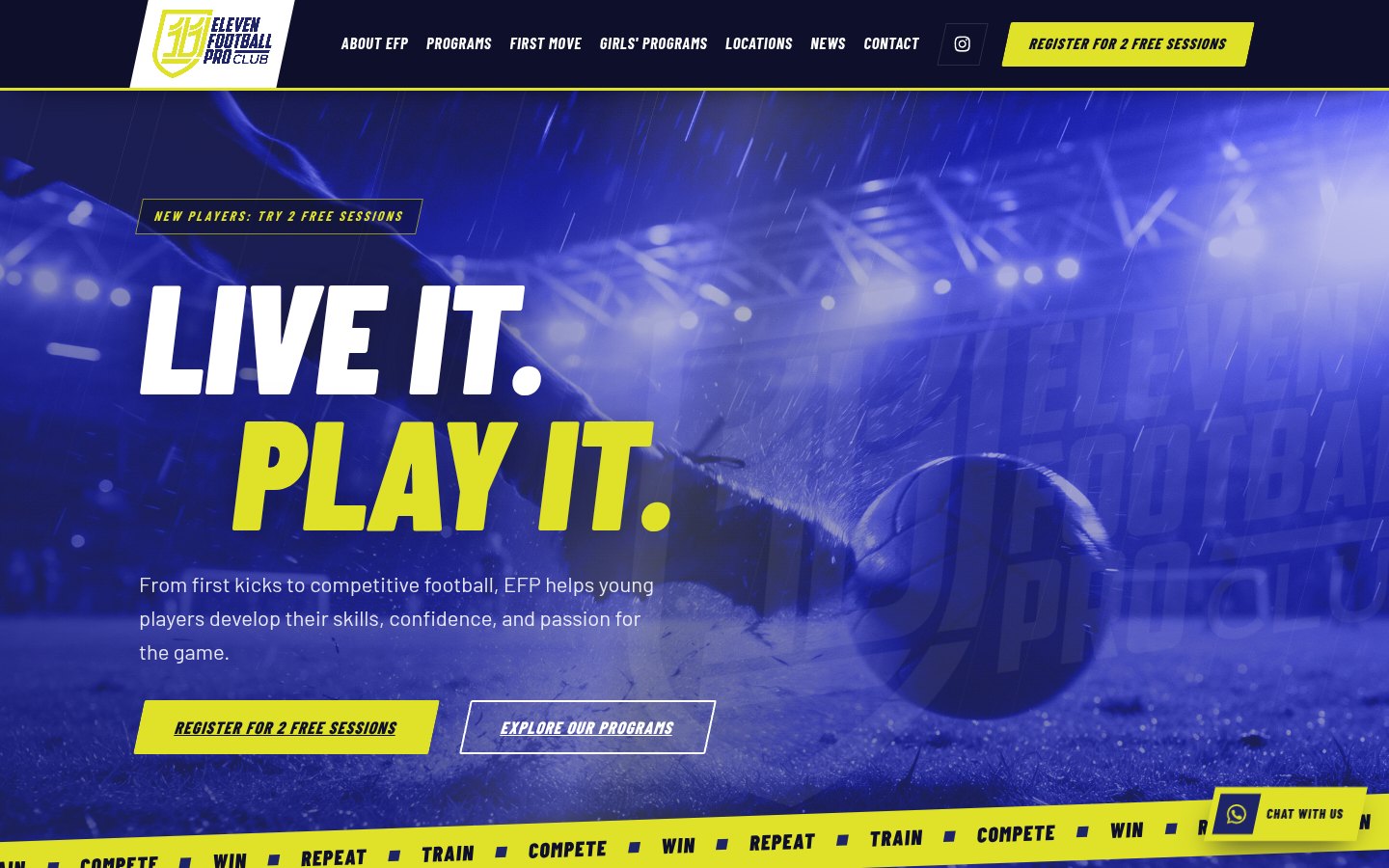 11 Football Pro website home page on desktop, with the "Live it. Play it." hero and free-sessions button