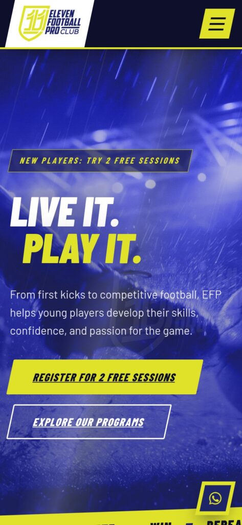 11 Football Pro website home page on mobile