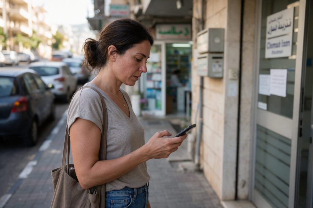 Patient on a Jounieh street checking her phone for the clinic's location and entrance