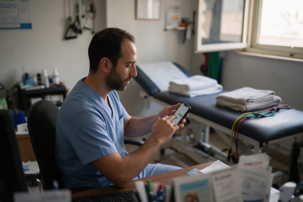 Physiotherapist replying to a WhatsApp booking request between sessions at a Lebanese clinic