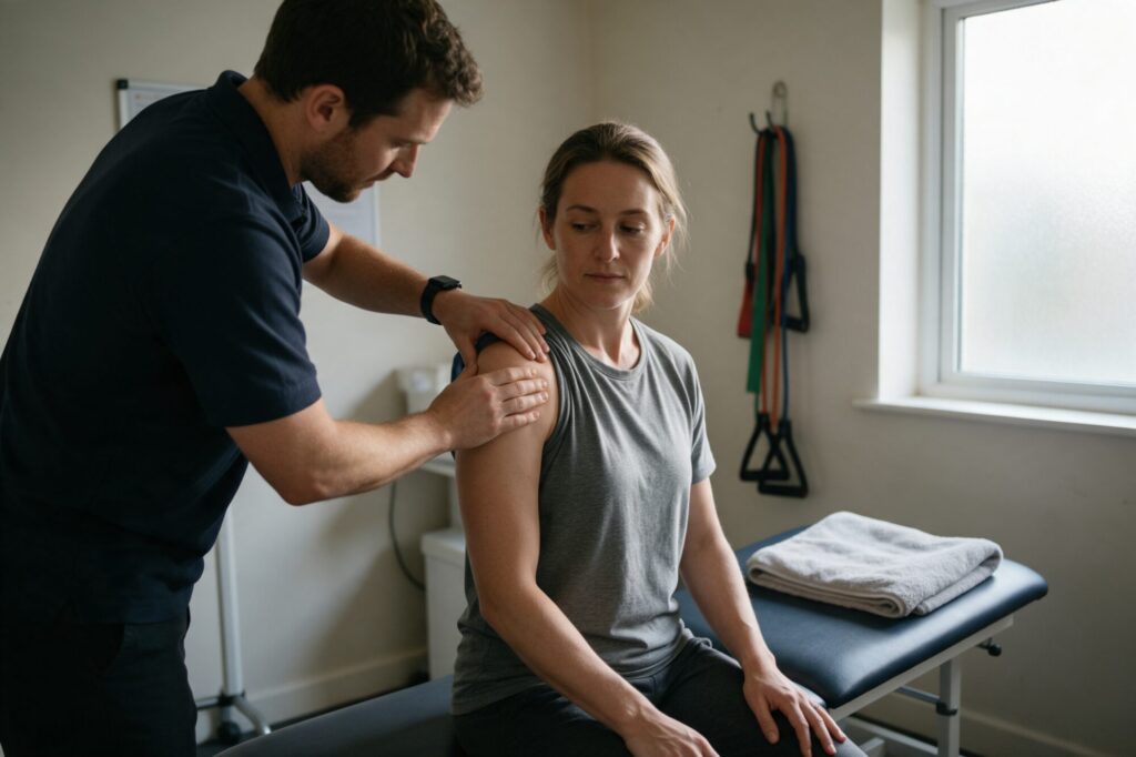 Physiotherapist treating a patient's shoulder in a small clinic