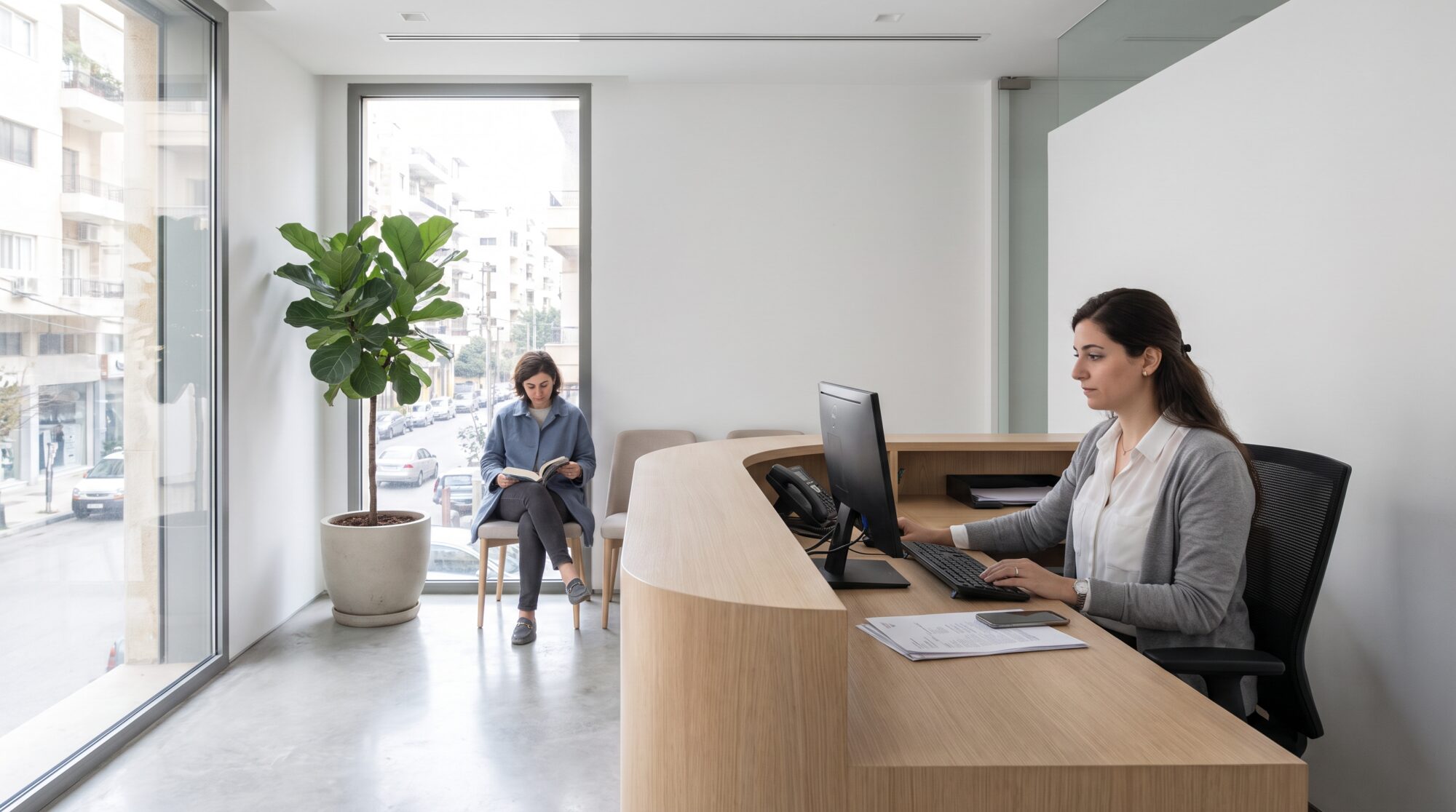 Bright dental clinic reception in Beirut with a receptionist and a waiting patient