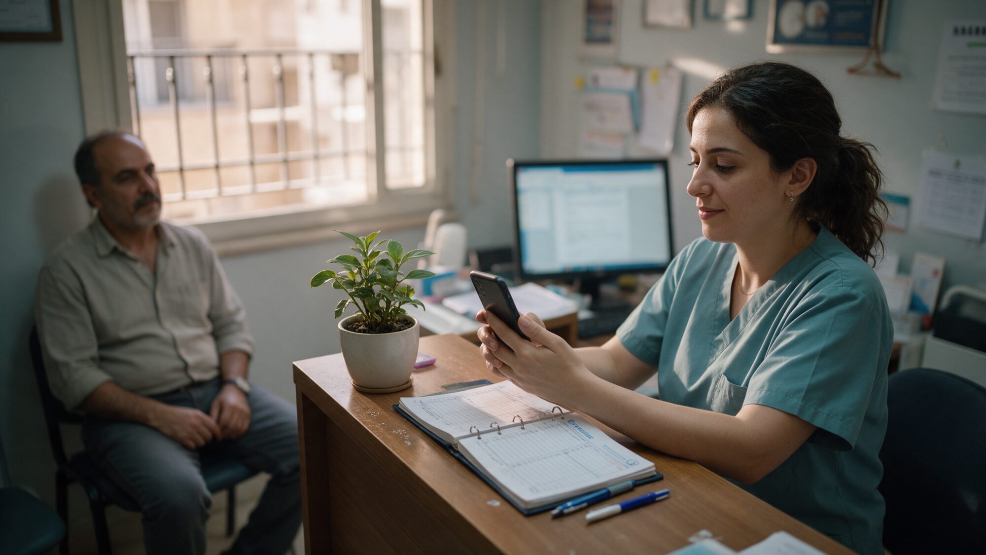 Receptionist at a small Beirut dental clinic handling an appointment on her phone while a patient waits
