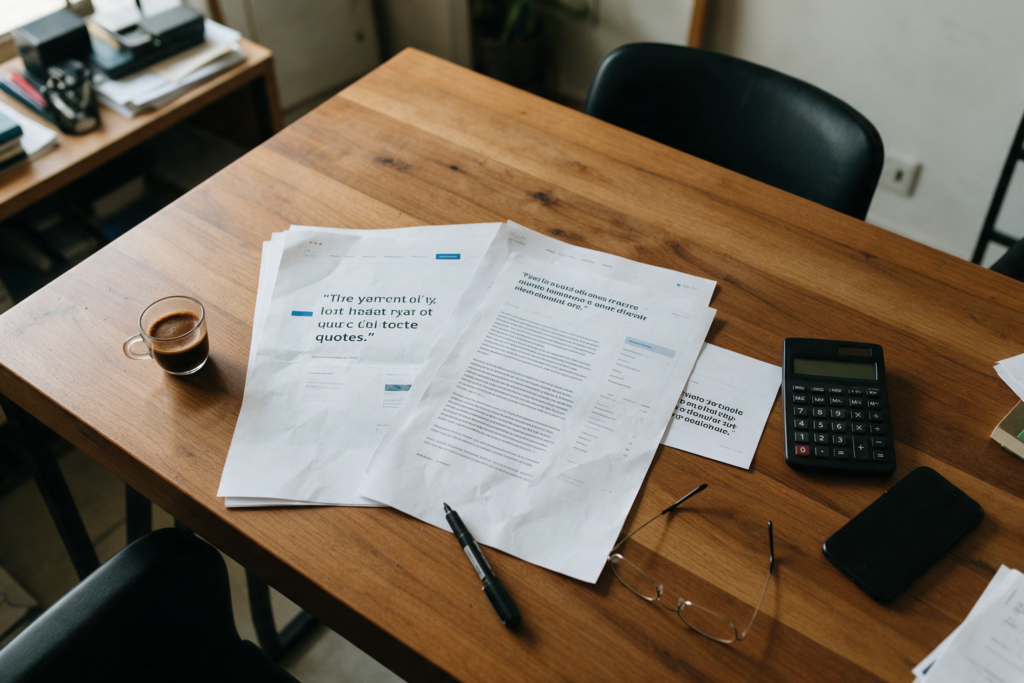 Three printed website quotes side by side on a desk with a calculator and Turkish coffee