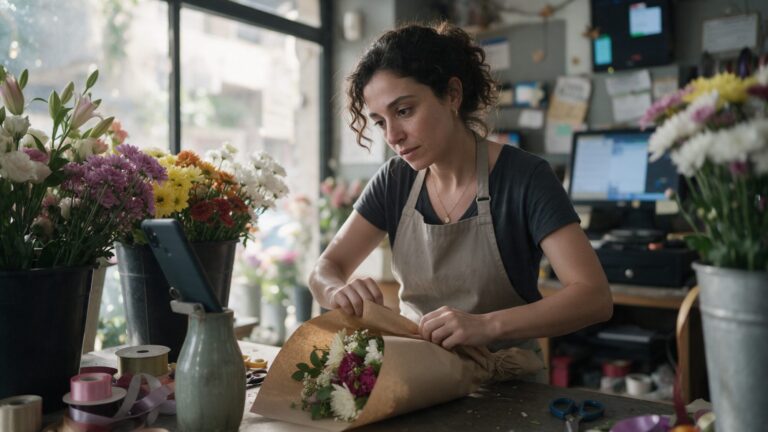 Florist in Beirut checking her phone while wrapping a bouquet