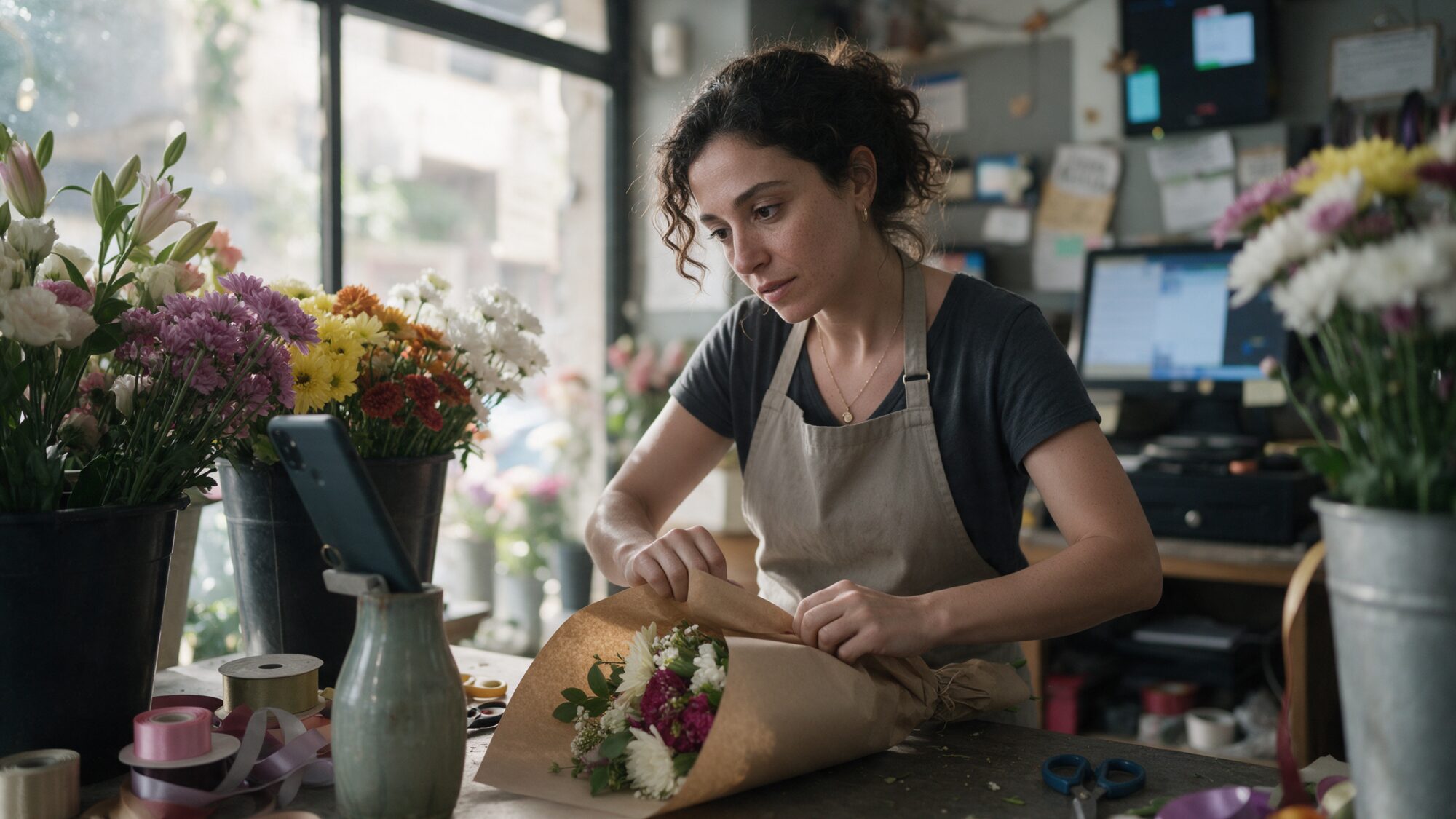 Florist in Beirut checking her phone while wrapping a bouquet