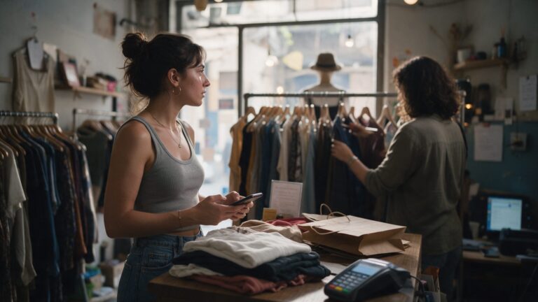 Boutique owner in Beirut holding her phone at the shop counter while a customer browses a clothing rack