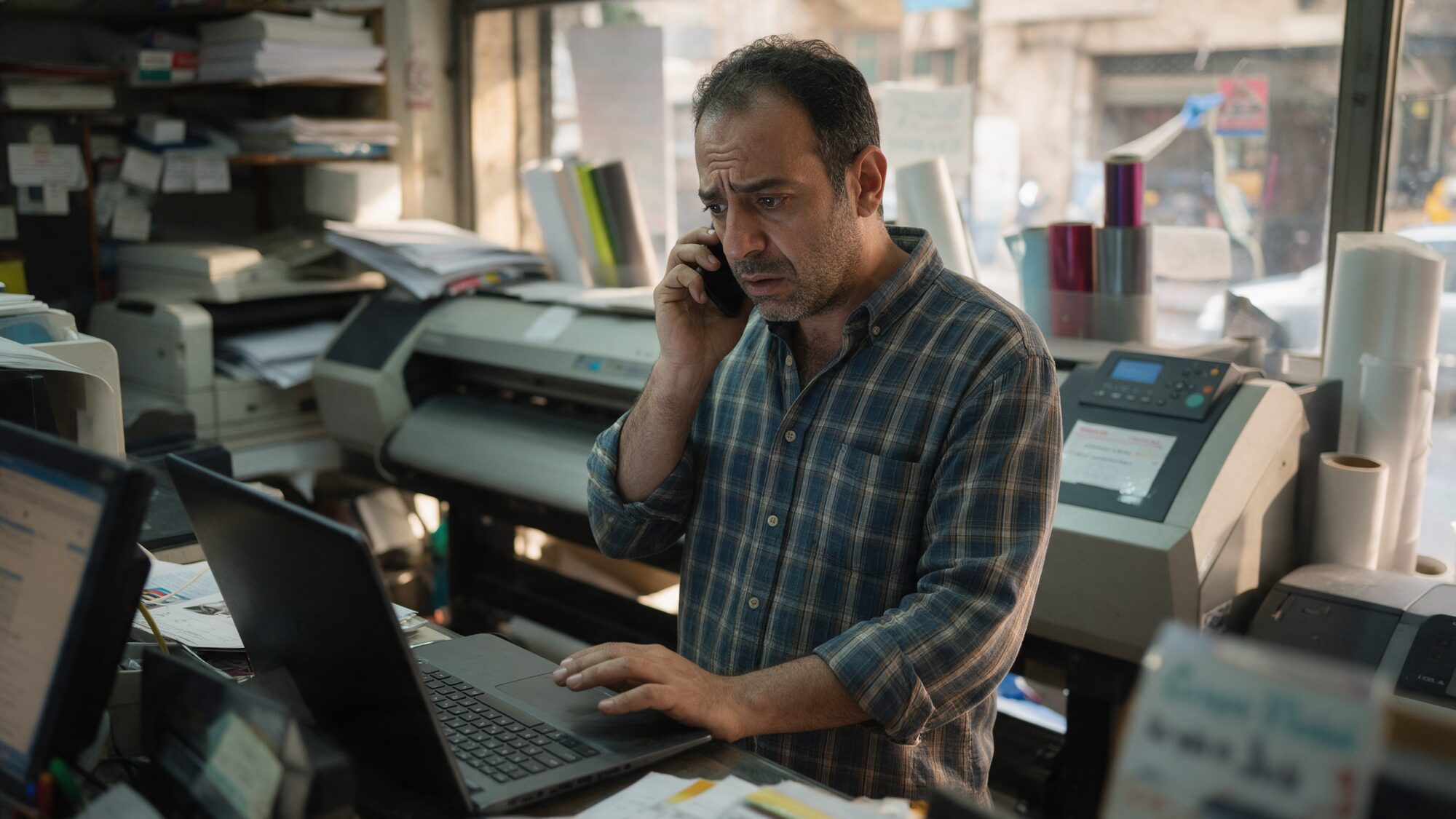Print shop owner in Beirut on the phone, worried, in front of his laptop