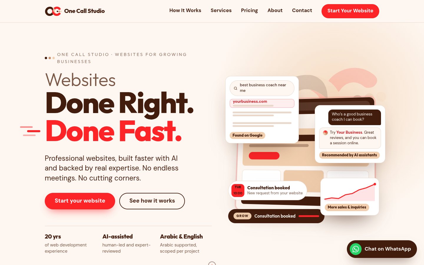 One Call Studio website home page on desktop, with the "Websites Done Right. Done Fast." headline