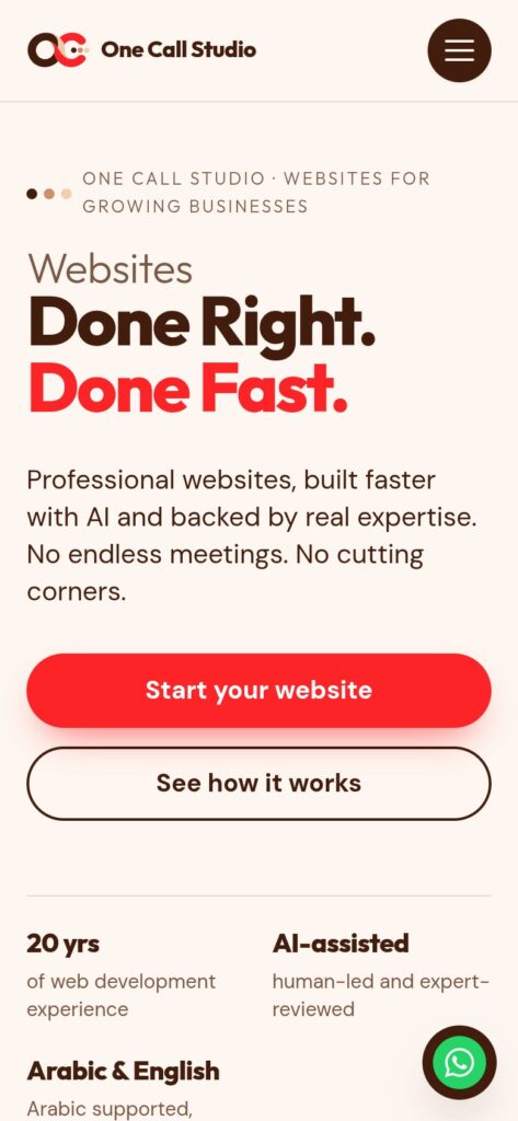 One Call Studio website home page on mobile