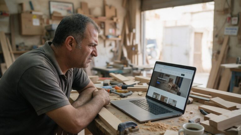 Workshop owner in Lebanon checking his own website on a laptop at the workbench