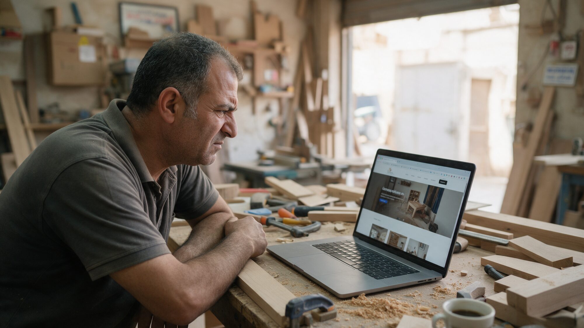 Workshop owner in Lebanon checking his own website on a laptop at the workbench