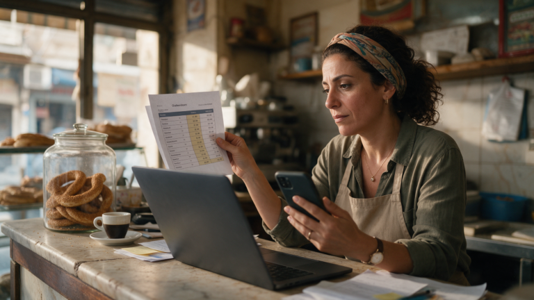 Small café owner in Lebanon comparing website quotes on her laptop at the counter