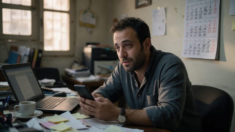 Small-business owner in a Beirut office waiting on messages next to a calendar with weeks crossed off